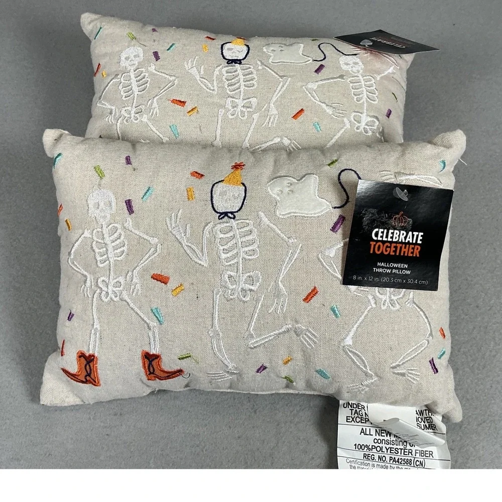 Celebrate Together Halloween Dancing Skeleton Throw Pillows 8x12 Set of 2 NWT